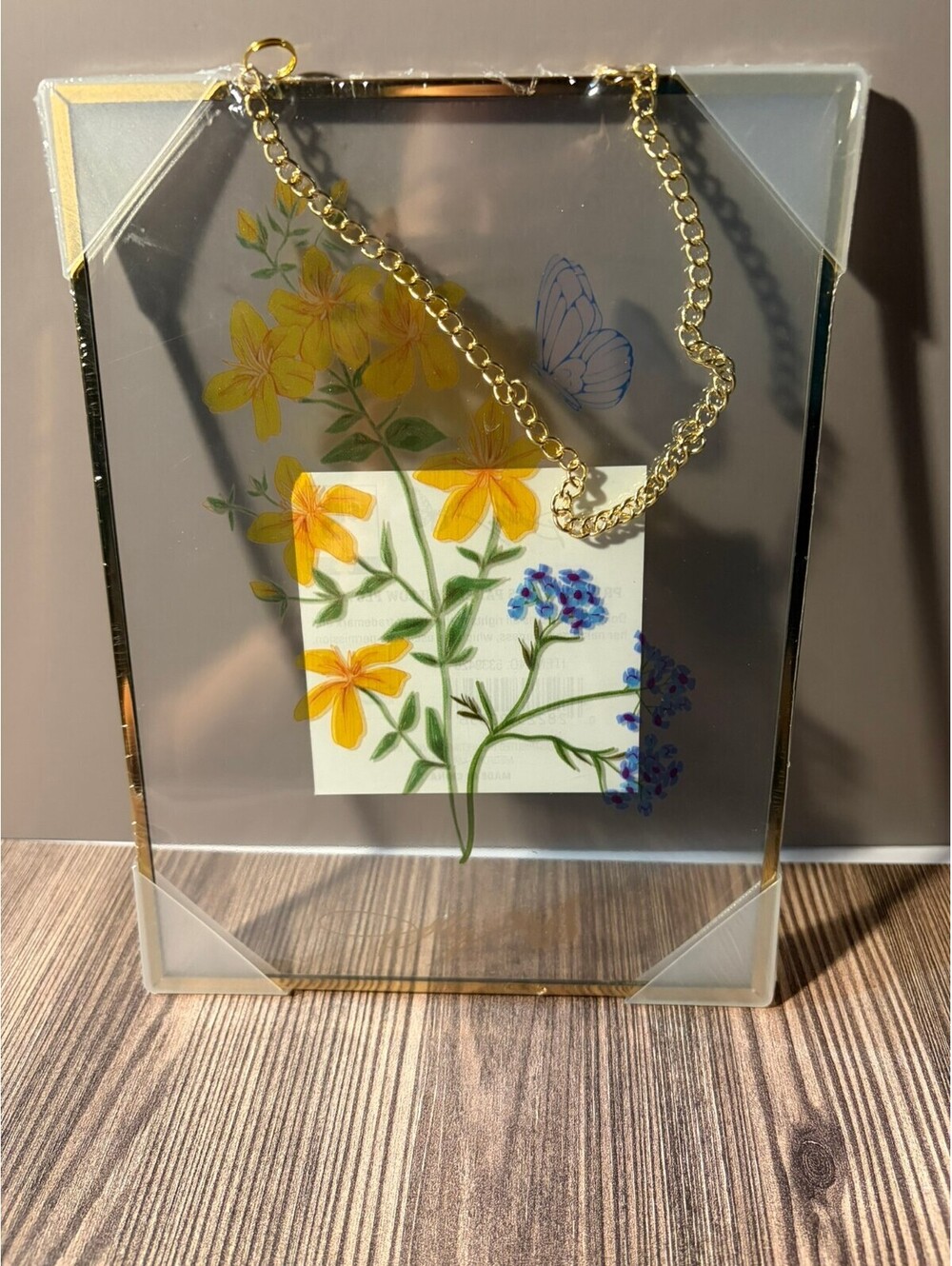Dolly Parton Yellow Blue Flowers Butterfly Printed Glass Panel Gold Chain